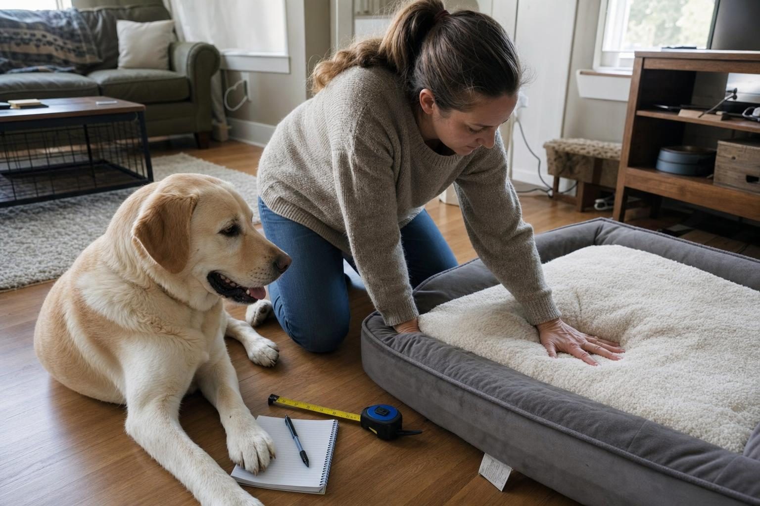 Rachel pressing down on a dog bed to check the padding while her Labrador watches