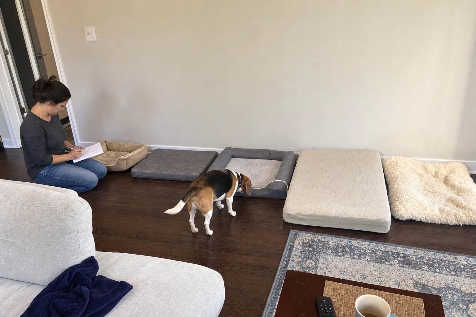 Five dog beds lined up on the first day of testing