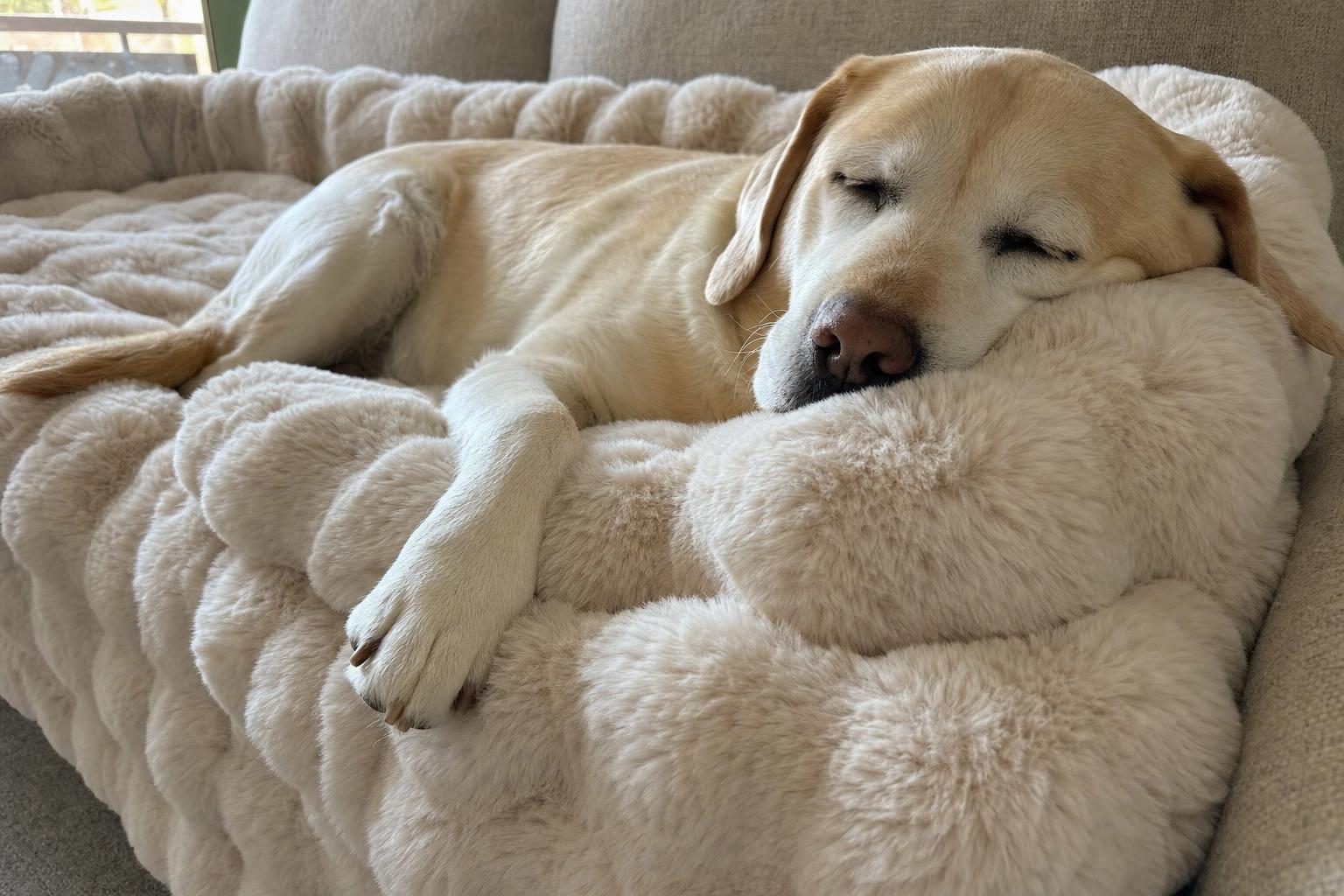 Moose asleep against the raised edge of the Pelsbarn bed