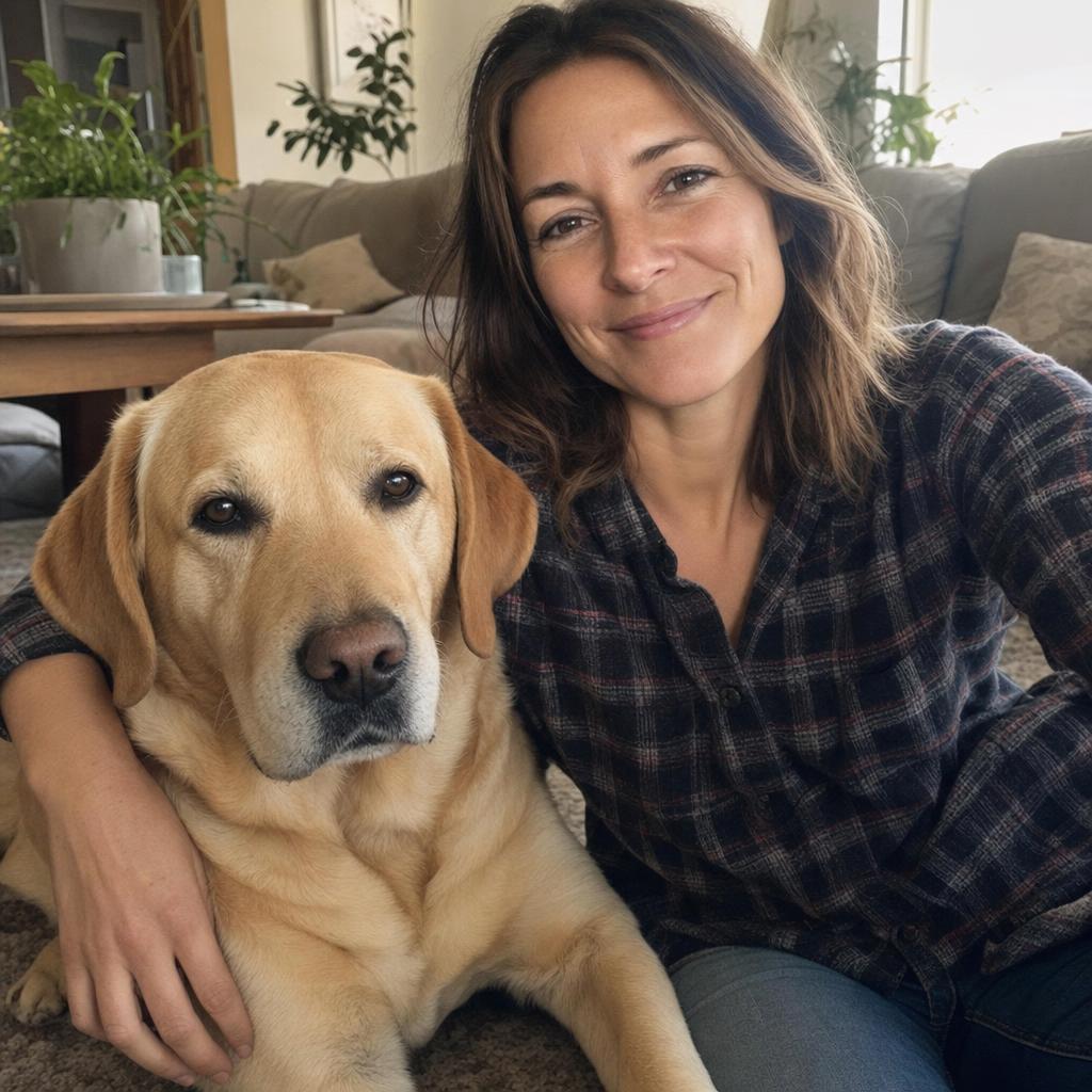 Rachel Voss with Moose, her yellow Labrador